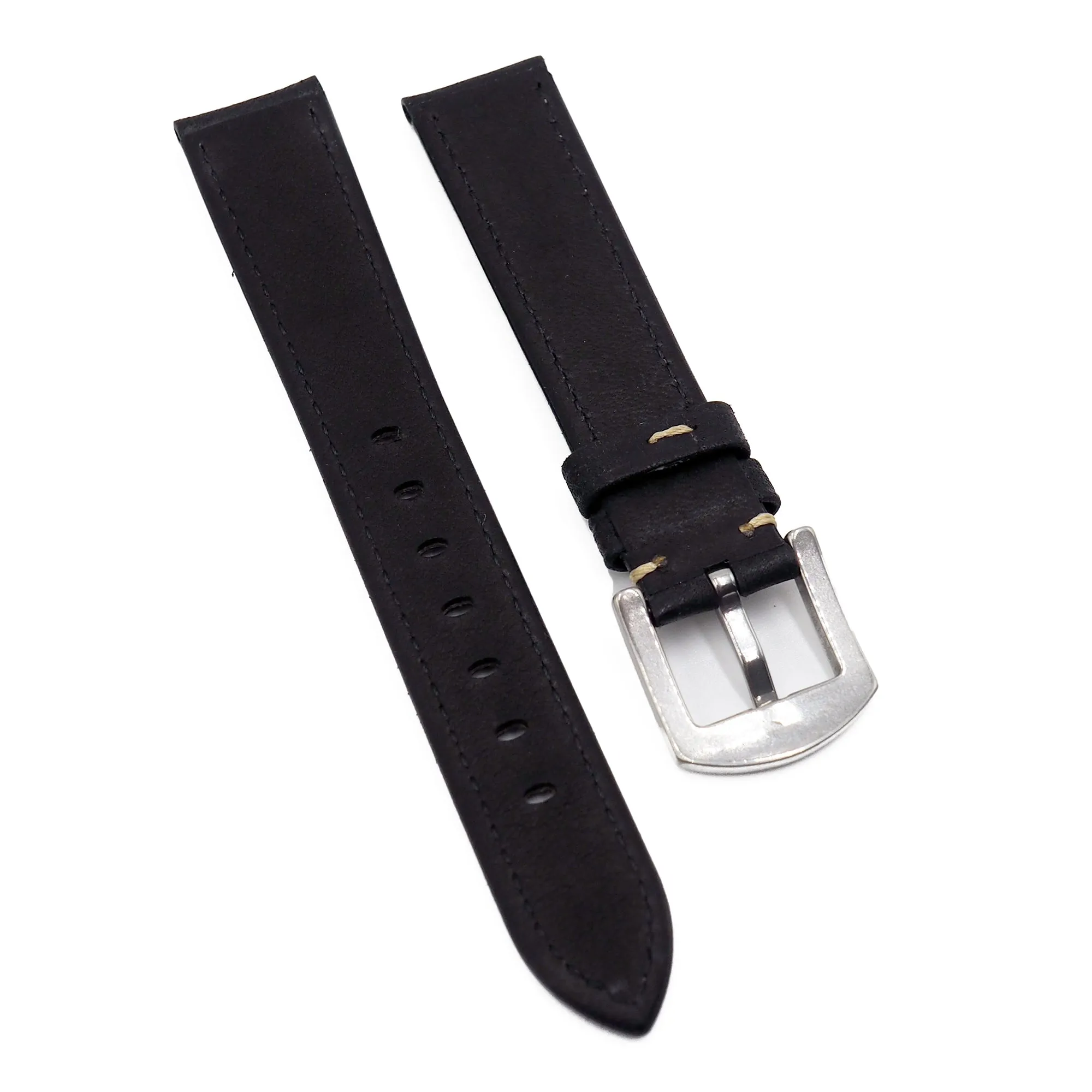 18mm, 20mm Black Aging Calf Leather Watch Strap