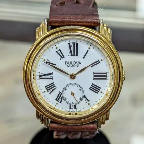 1991 BULOVA Roman Numerals Watch Round Case & Fancy Lugs Quartz Wristwatch