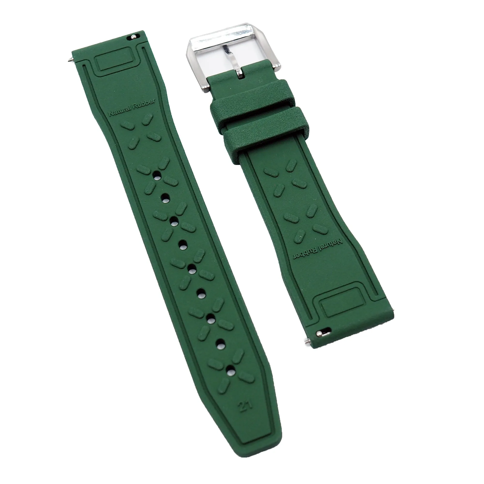 20mm, 21mm, 22mm Pilot Style Castleton Green FKM Rubber Watch Strap For IWC, Semi Square Tail, Quick Release Spring Bars