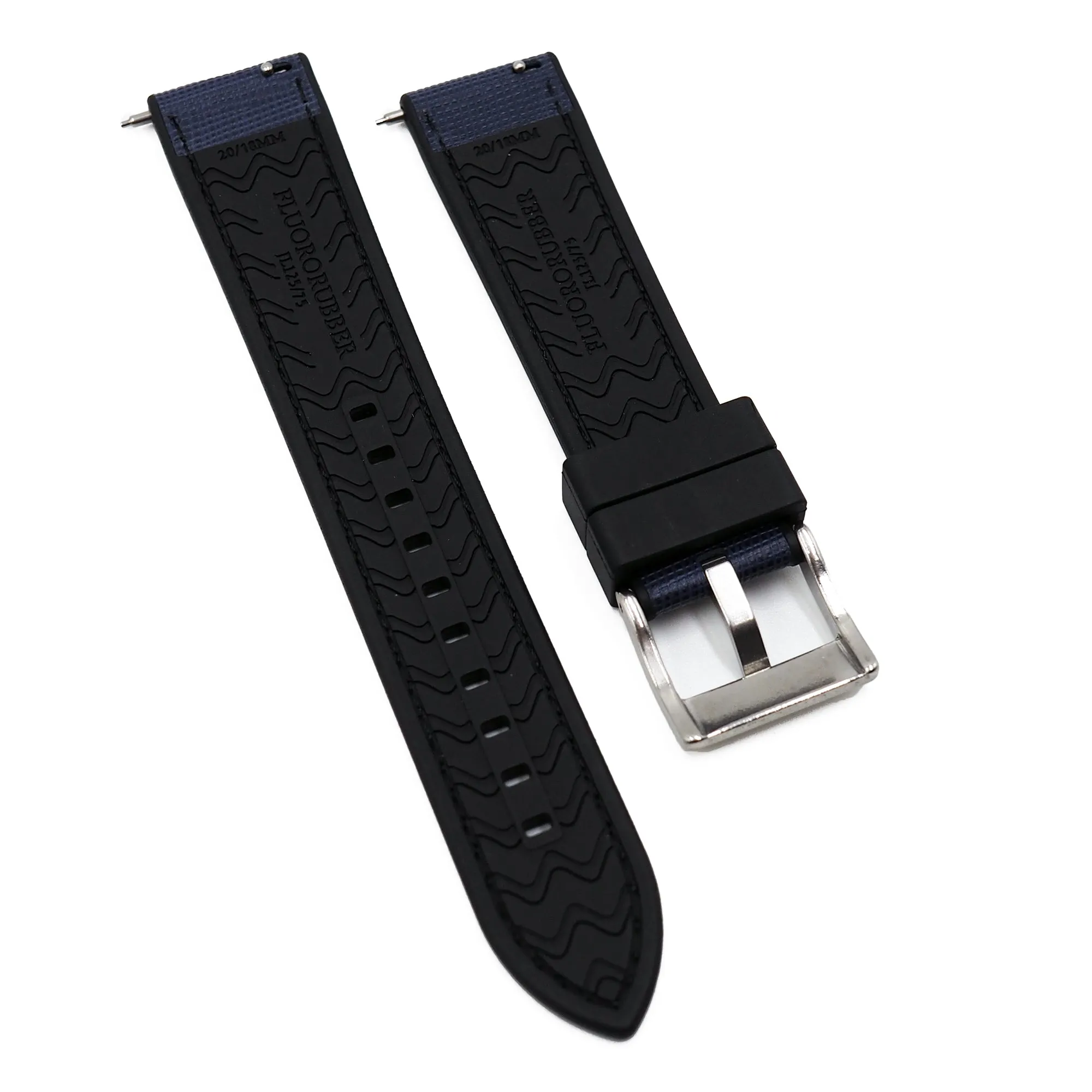 20mm, 22mm Hybrid Deep Blue Saffiano Leather FKM Rubber Watch Strap, Quick Release Spring Bars