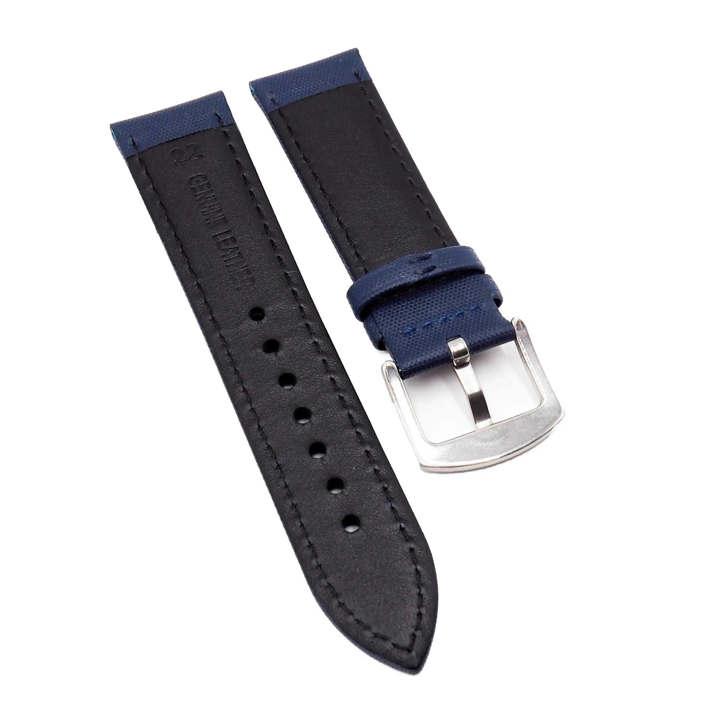 22mm Space Blue Nylon Watch Strap, Orange Stitching, Fiber Embossing
