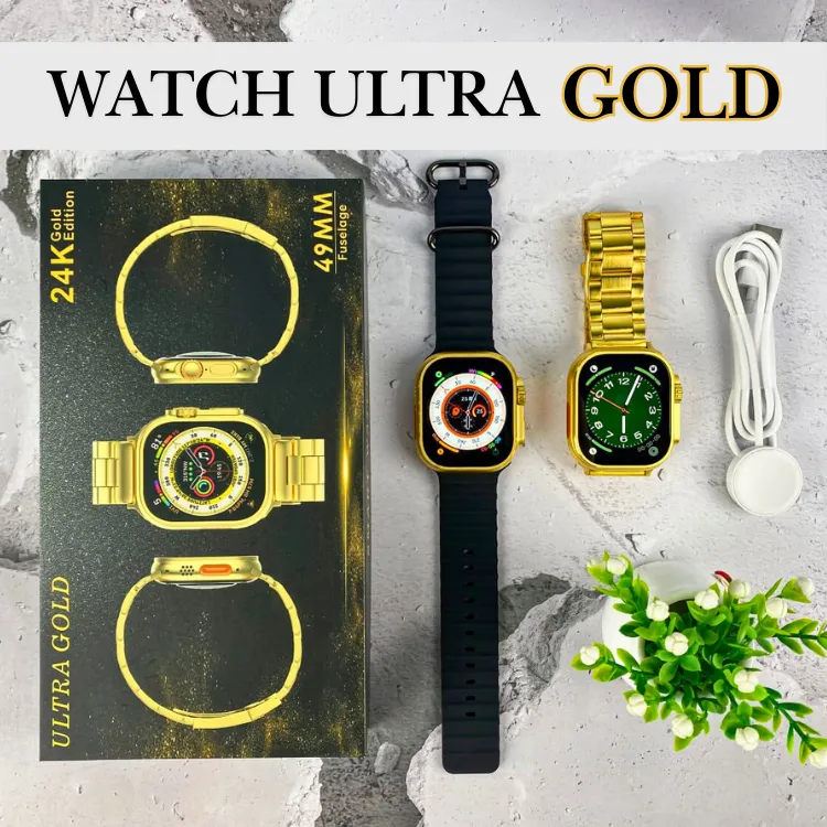 24K Ultra Watch 2 Gold Edition | HD Display | Bluetooth Calling | Compatible with Apple iOS | Wireless Charging | Multiple Sports Mode