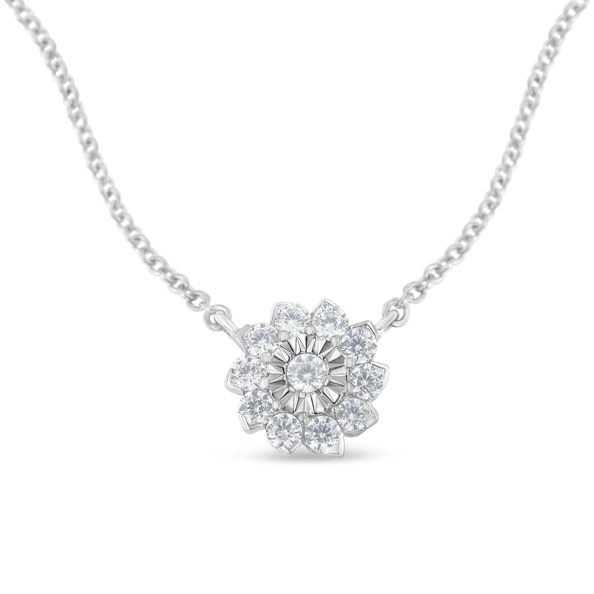 .925 Sterling Silver 1/2 Cttw Diamond Miracle Set Flower Cluster Pendant Necklace with Cable Chain (I-J Color, I1-I2 Clarity) - 18” by Haus of Brilliance