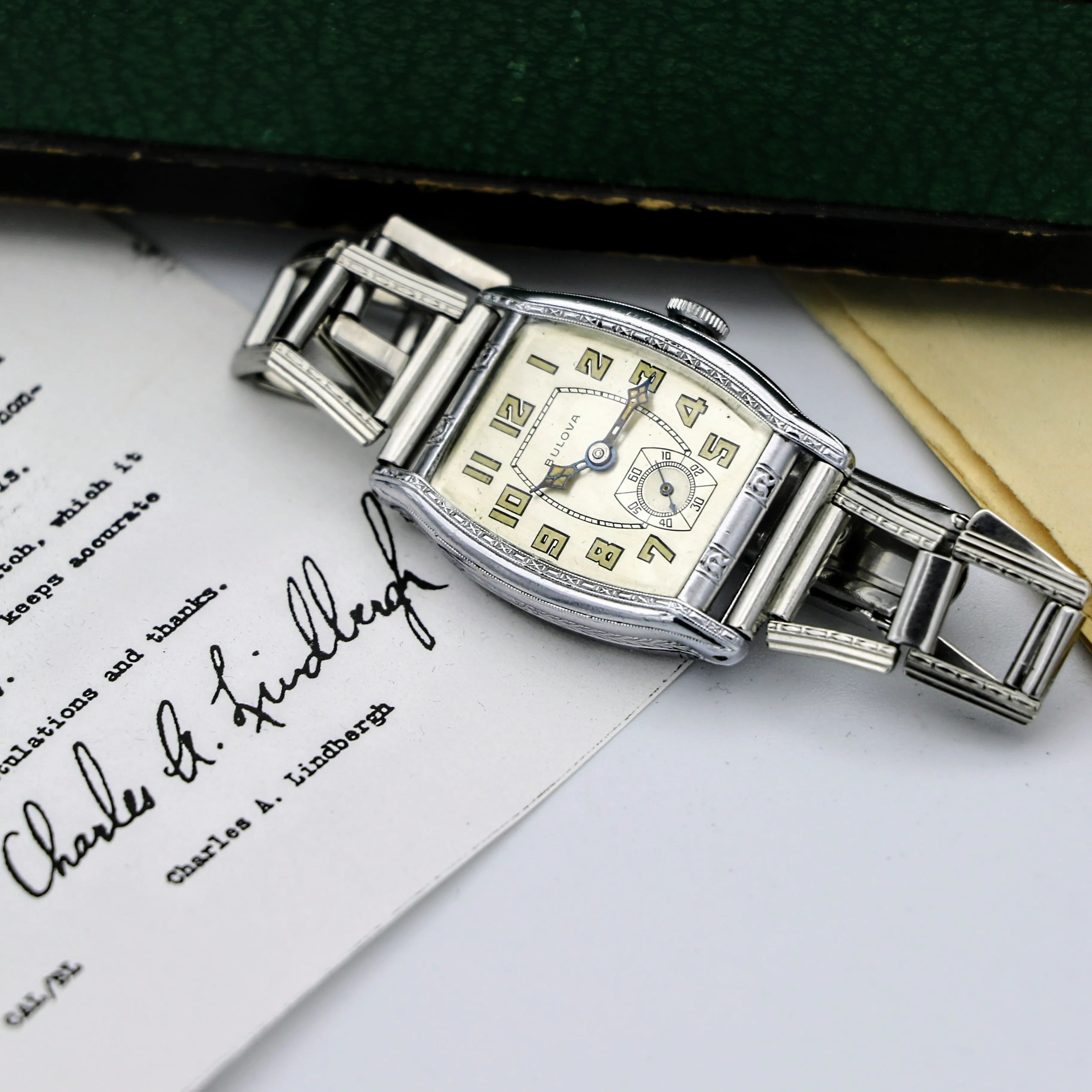 BULOVA 1930 Lone Eagle Watch “In Honor of Col. Charles A. Lindbergh” Wristwatch Original BOX!