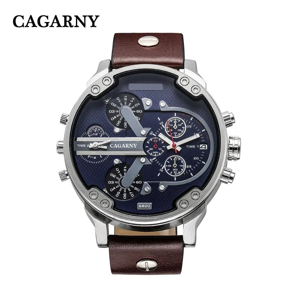 Cagarny Men's Quartz Watch  Date Dual Time Analog Leather Strap