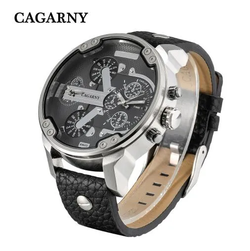 Cagarny Men's Quartz Watch  Date Dual Time Analog Leather Strap