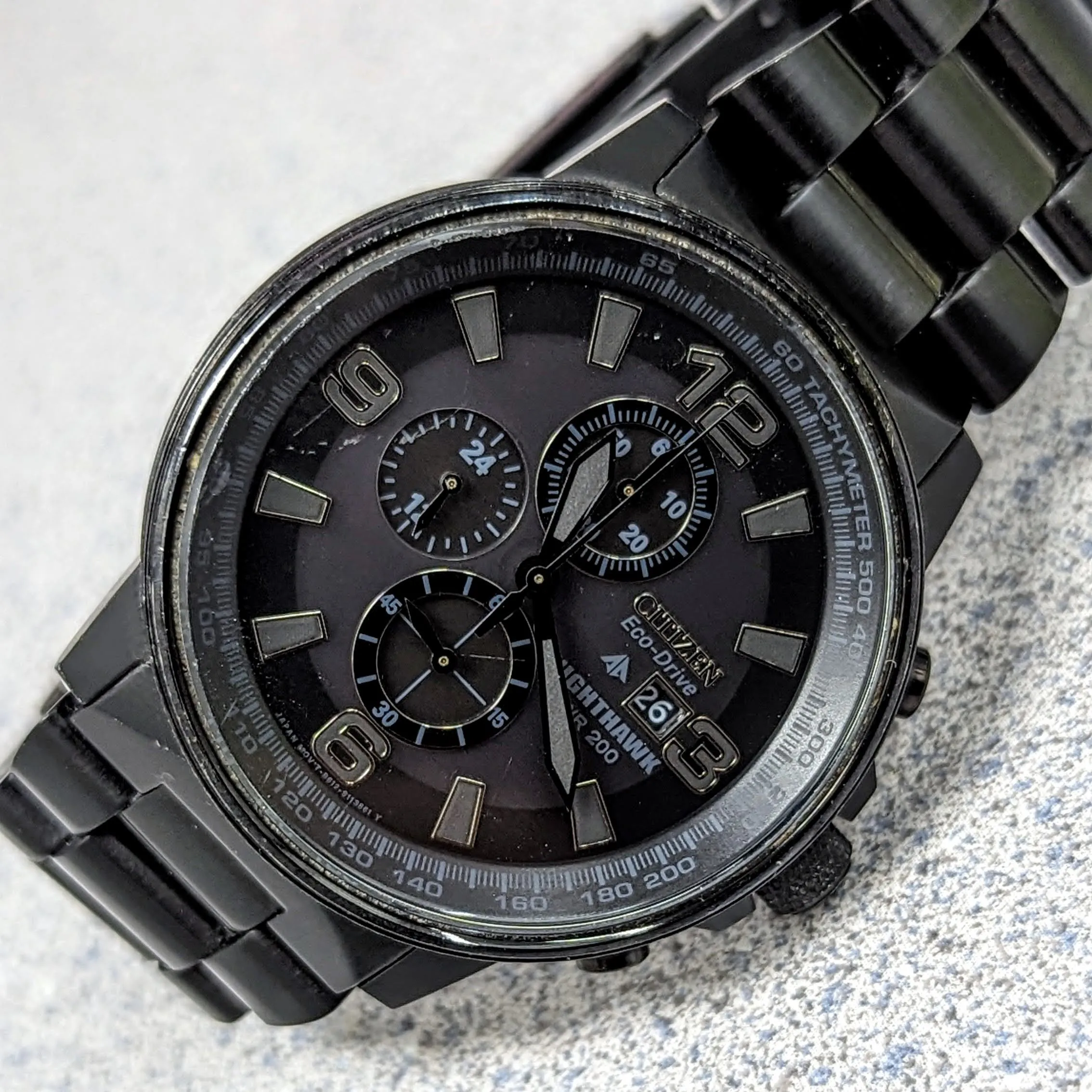 CITIZEN Nighthawk Eco-Drive Chronograph Watch Date Indicator WR 200 Wristwatch Ref. B612-S078245