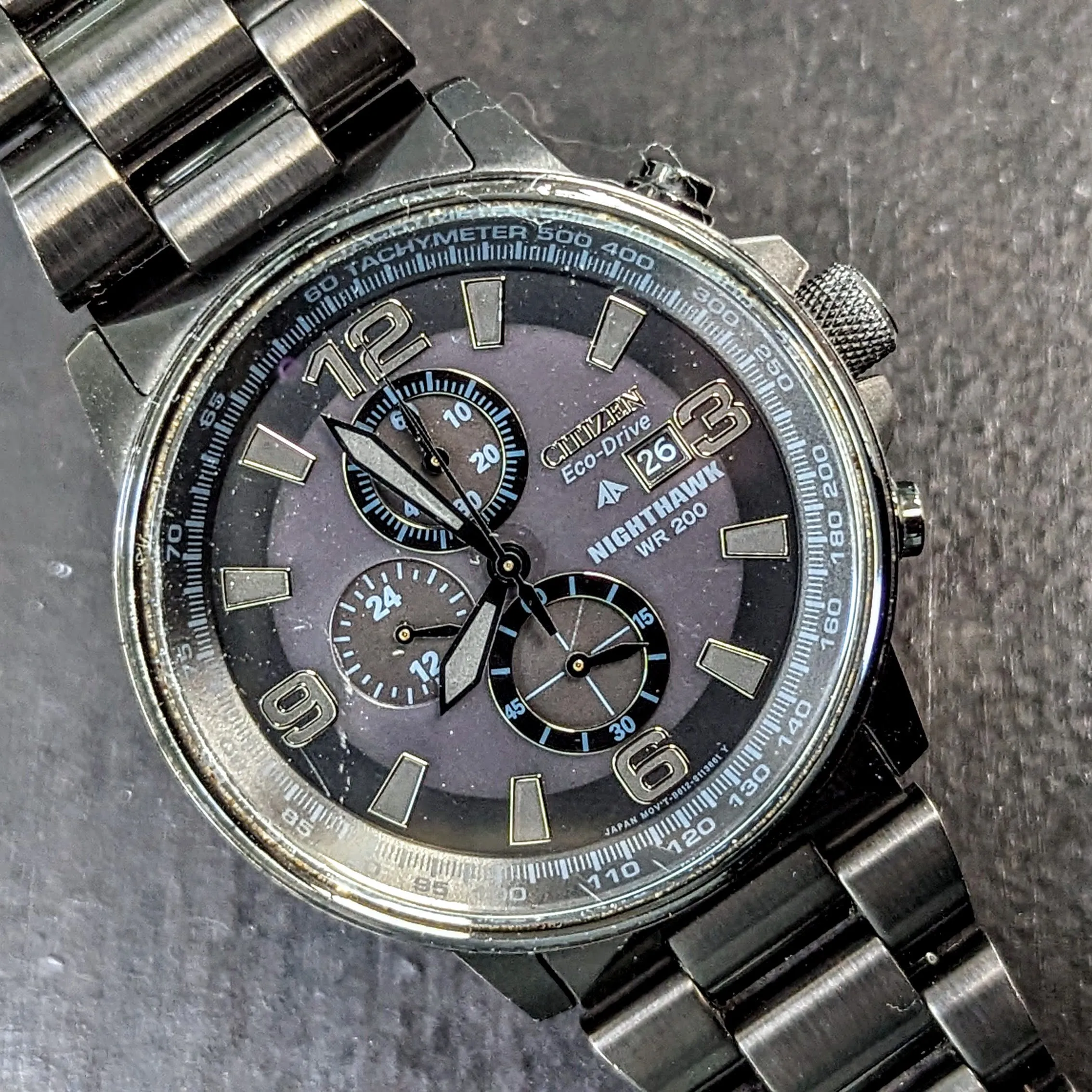 CITIZEN Nighthawk Eco-Drive Chronograph Watch Date Indicator WR 200 Wristwatch Ref. B612-S078245