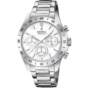 Festina Quartz Chrono 100M WR Mother of Pearl Dial Diamond at 12 Stainless Steel Case & Bracelet