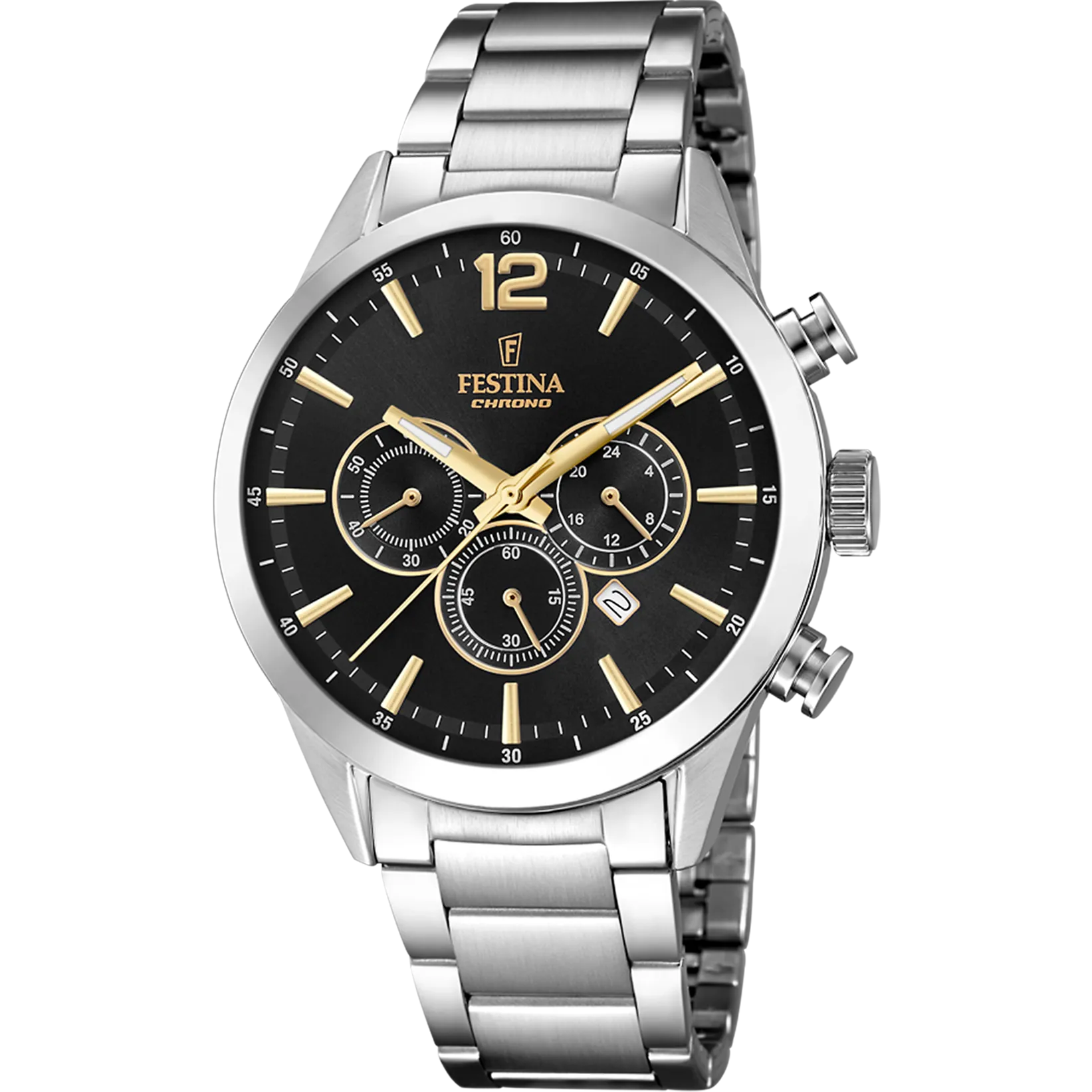 Festina Quartz Chrono Date 50M WR Black Dial Stainless Steel Case & Bracelet
