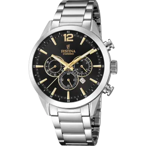 Festina Quartz Chrono Date 50M WR Black Dial Stainless Steel Case & Bracelet