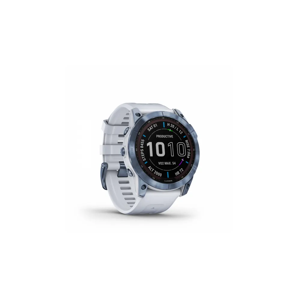 Garmin Fenix 7 Sapphire Solar Smart Watch Touchscreen - Mineral Blue DLC Titanium with Whitestone Band