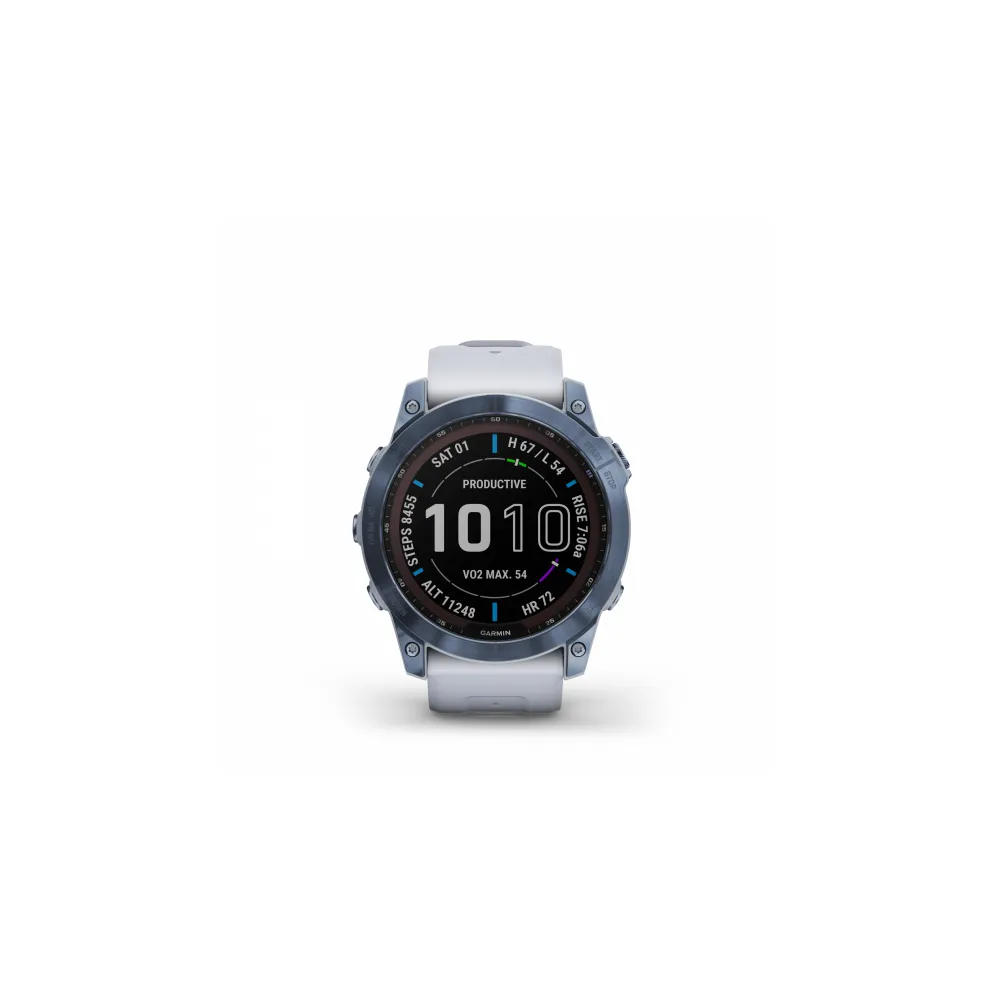 Garmin Fenix 7 Sapphire Solar Smart Watch Touchscreen - Mineral Blue DLC Titanium with Whitestone Band
