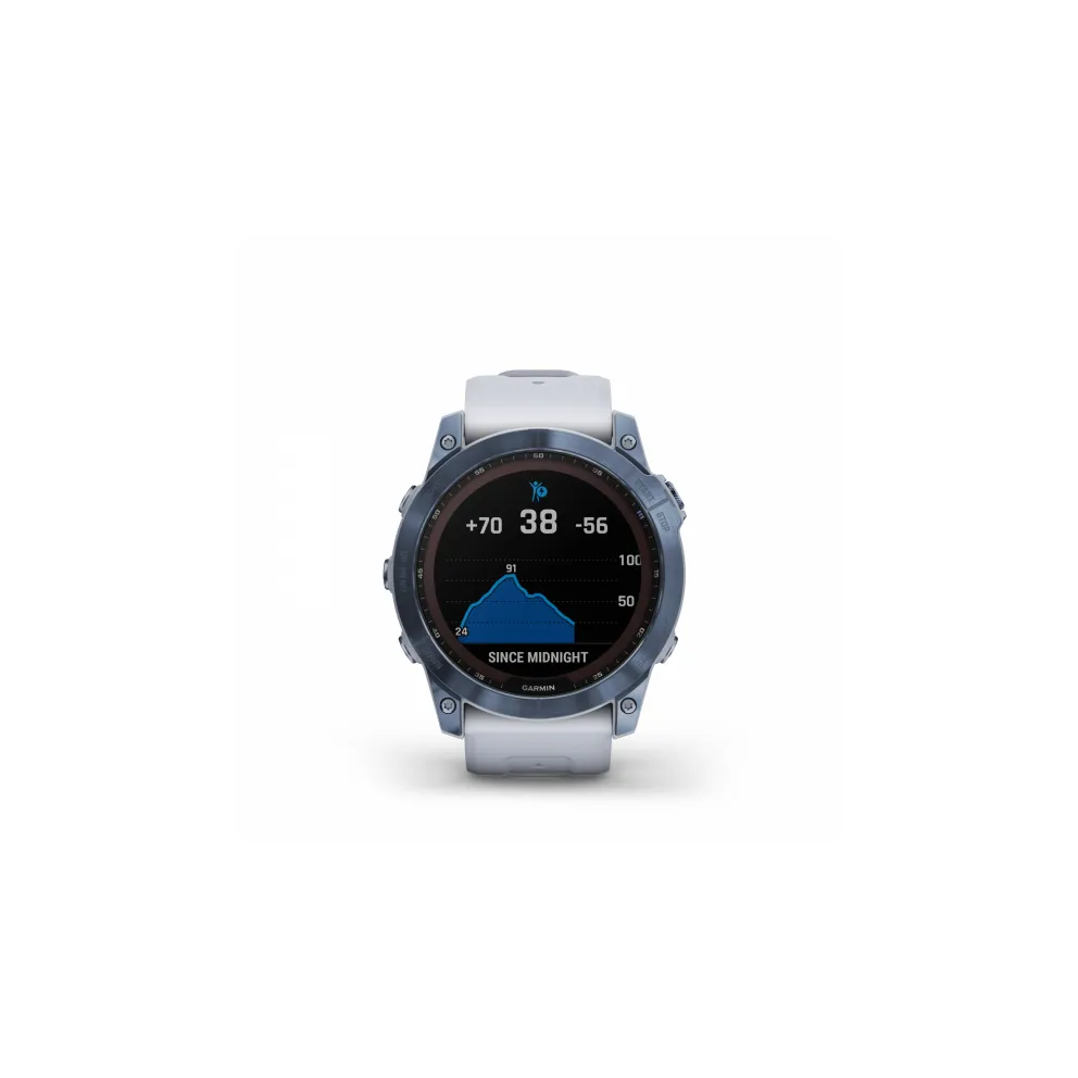 Garmin Fenix 7 Sapphire Solar Smart Watch Touchscreen - Mineral Blue DLC Titanium with Whitestone Band