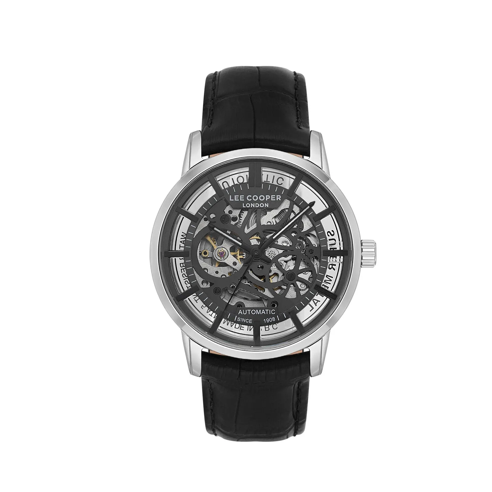 Lee Cooper Men's Automatic Watch Analog Black Dial with Black Leather Strap, LC08035.361