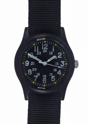 MWC Classic 1960s/70s Pattern Matt Black Vietnam Watch on Matching Webbing Strap MWC Classic 1960s/70s Pattern Matt Black Vietnam Watch on Matching Webbing Strap