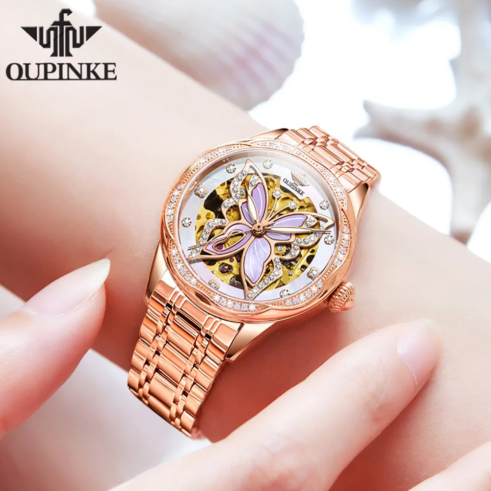 OUPINKE Automatic Mechanical Watches for Women Luxury Sapphire Mirror Rose Gold Stainless Steel Watchband Ladies Wristwatch 3239