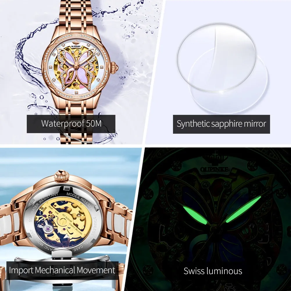 OUPINKE Automatic Mechanical Watches for Women Luxury Sapphire Mirror Rose Gold Stainless Steel Watchband Ladies Wristwatch 3239