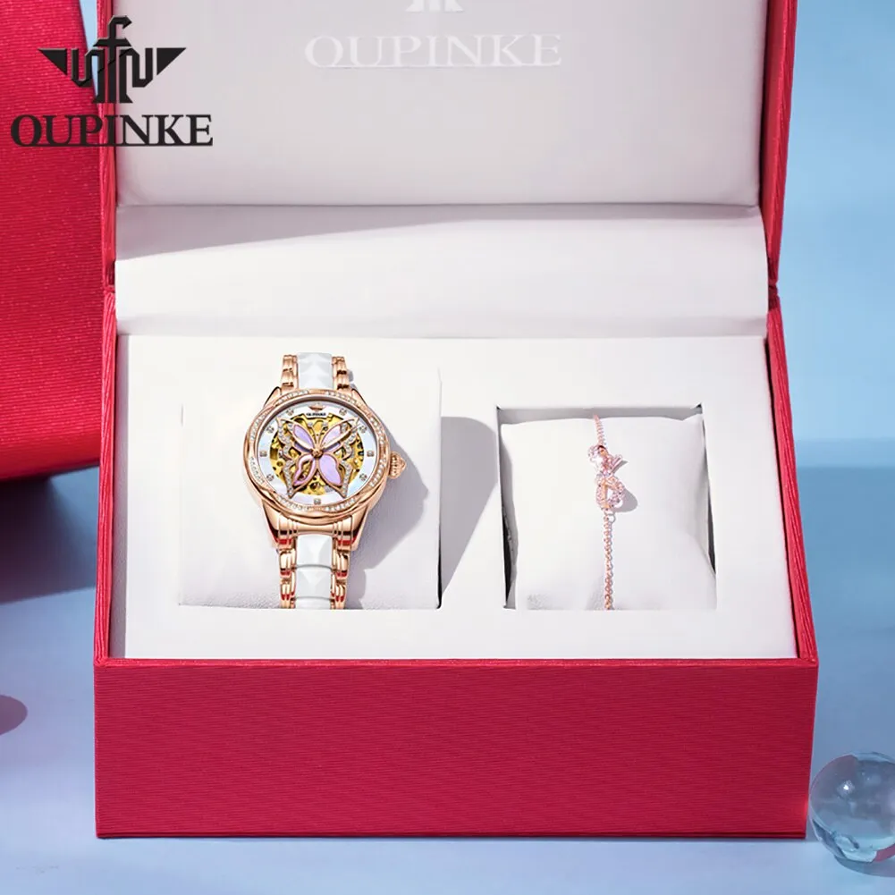 OUPINKE Automatic Mechanical Watches for Women Luxury Sapphire Mirror Rose Gold Stainless Steel Watchband Ladies Wristwatch 3239