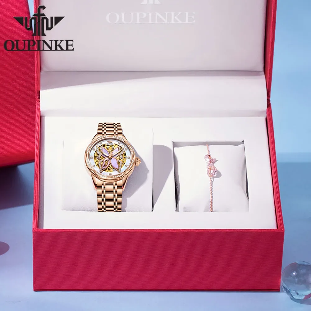 OUPINKE Automatic Mechanical Watches for Women Luxury Sapphire Mirror Rose Gold Stainless Steel Watchband Ladies Wristwatch 3239