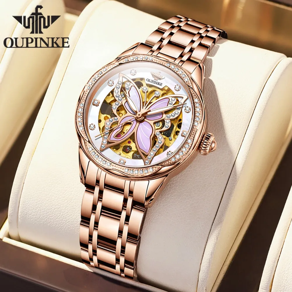OUPINKE Automatic Mechanical Watches for Women Luxury Sapphire Mirror Rose Gold Stainless Steel Watchband Ladies Wristwatch 3239