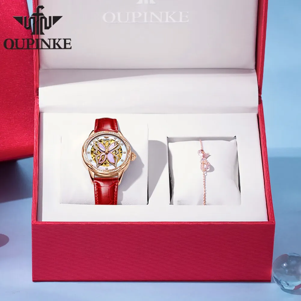 OUPINKE Automatic Mechanical Watches for Women Luxury Sapphire Mirror Rose Gold Stainless Steel Watchband Ladies Wristwatch 3239