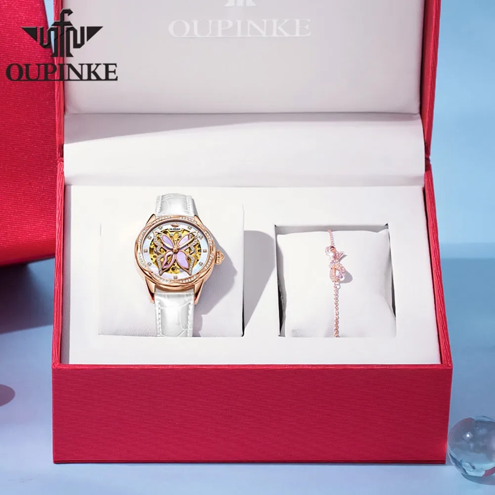OUPINKE Automatic Mechanical Watches for Women Luxury Sapphire Mirror Rose Gold Stainless Steel Watchband Ladies Wristwatch 3239
