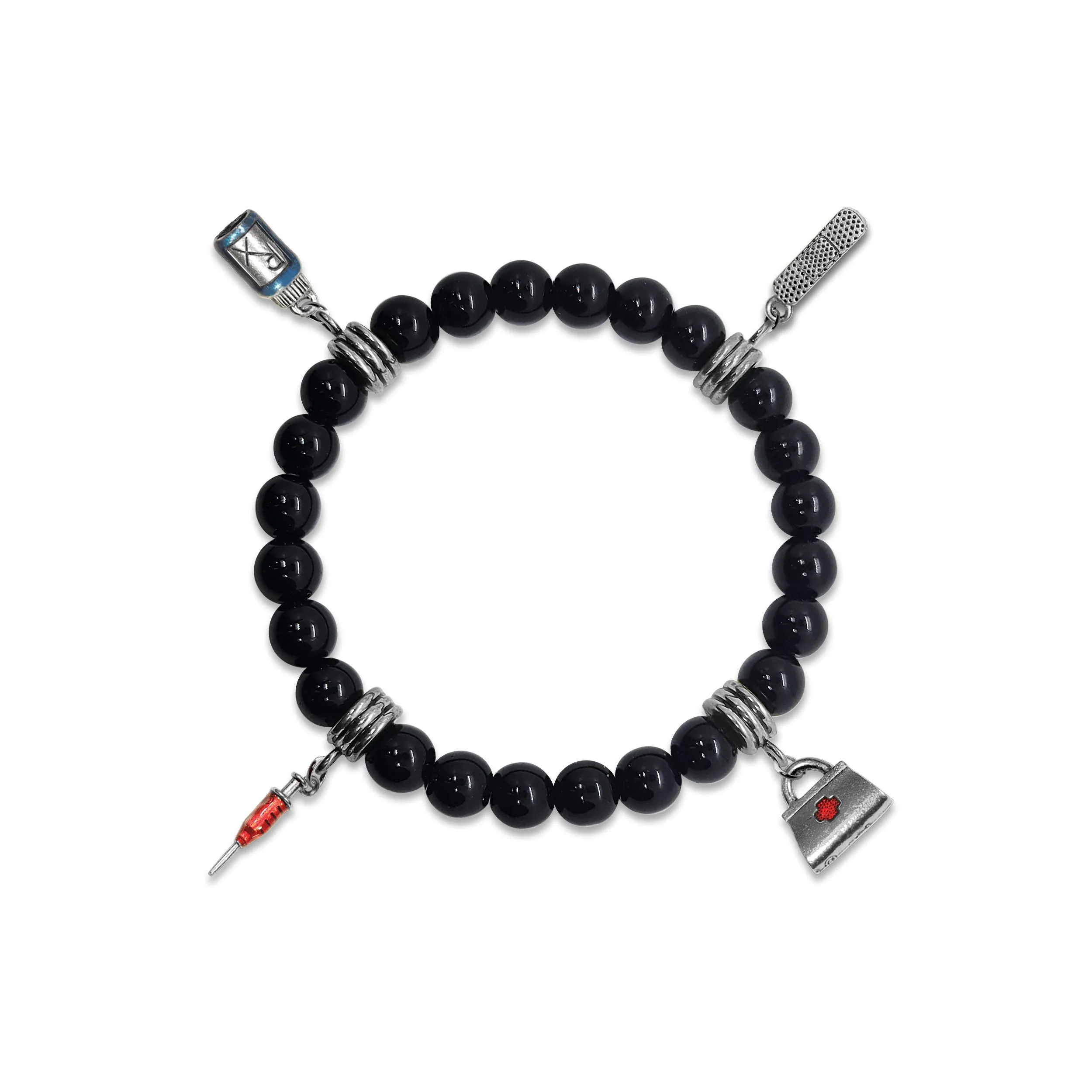 Pharmacist Genuine Onyx Charm Bracelet | Handmade in USA | 4 Hand-Painted Charms