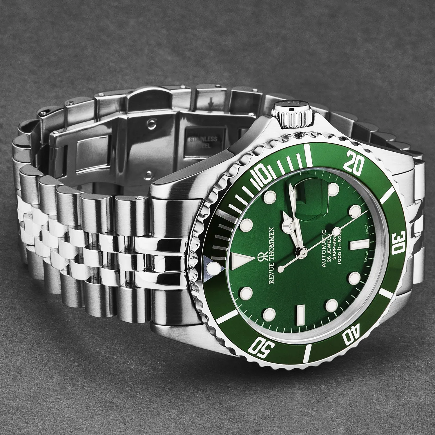Revue Thommen Men's 'Diver' Green Dial Stainless Steel Bracelet Automatic Watch 17571.2229