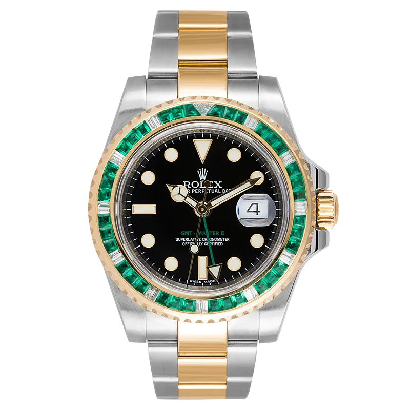 Rolex GMT-Master II Steel and Yellow Gold with custom Green Emerald bezel 116713LN