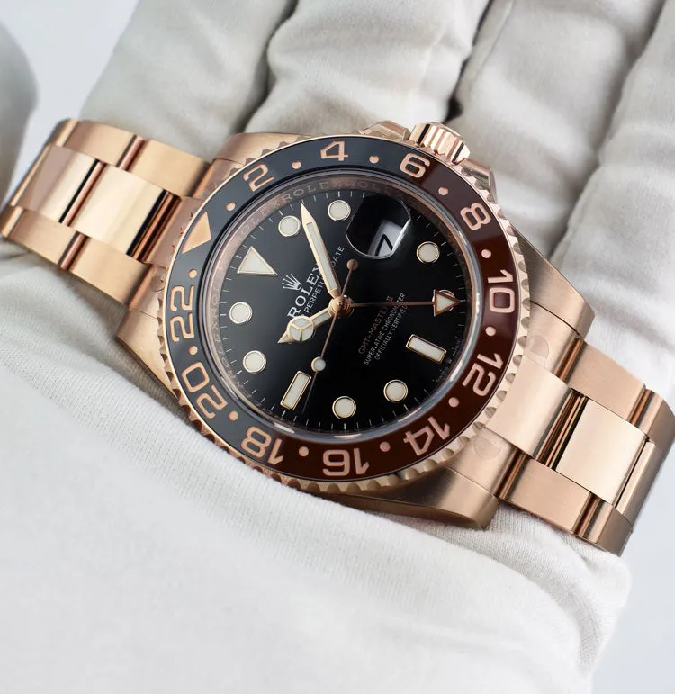 ROLEX Mens 18kt Rose Gold 40mm GMT Master II Black Model 126715