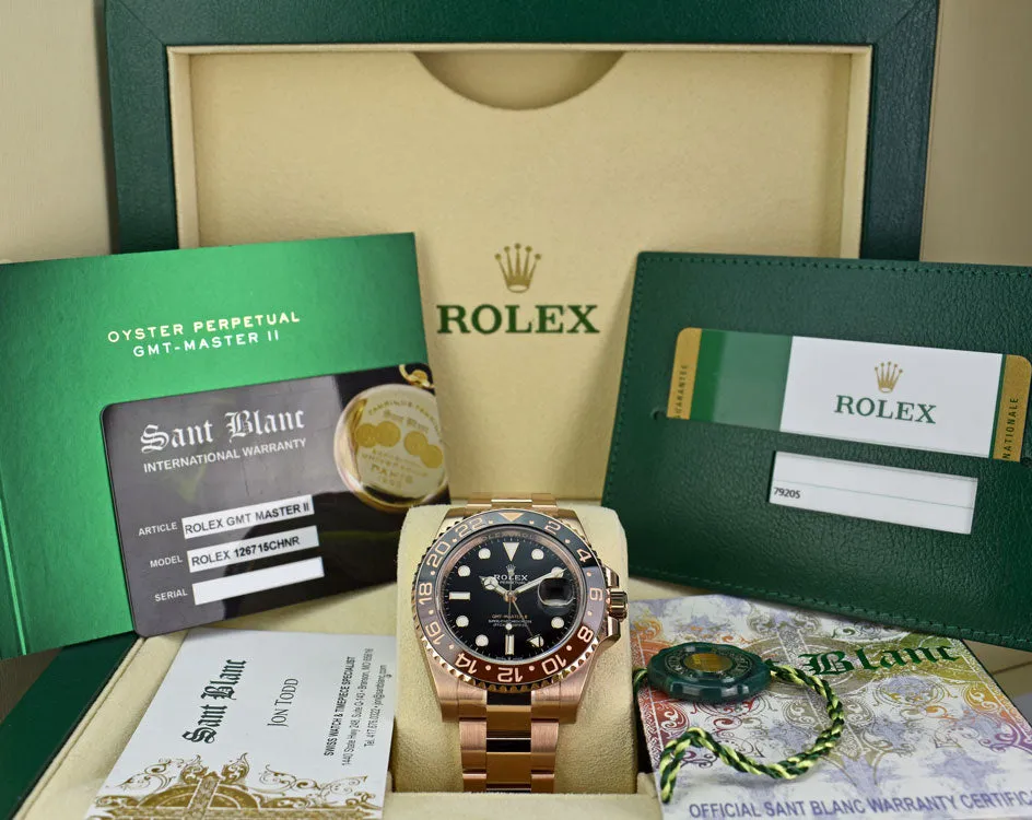 ROLEX Mens 18kt Rose Gold 40mm GMT Master II Black Model 126715