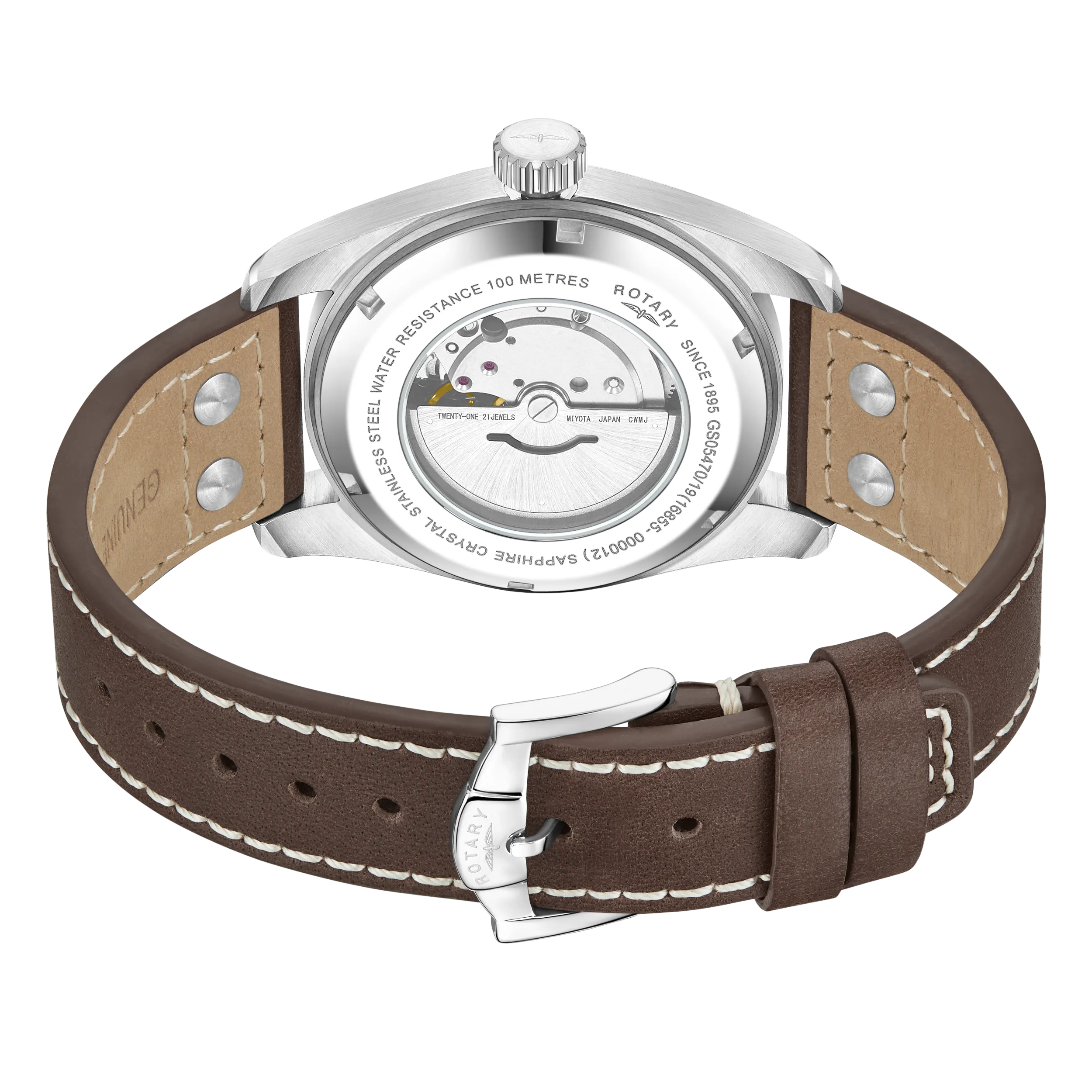 Rotary 42mm 1895 Commando Pilot Automatic Watch with a Brown Leather Strap