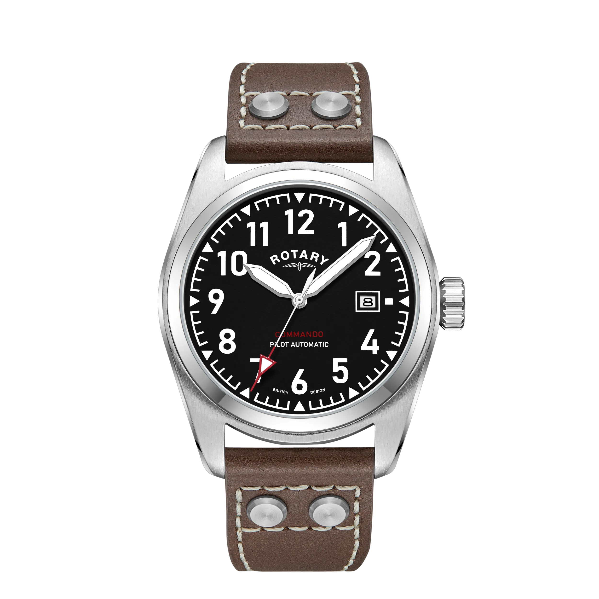 Rotary 42mm 1895 Commando Pilot Automatic Watch with a Brown Leather Strap