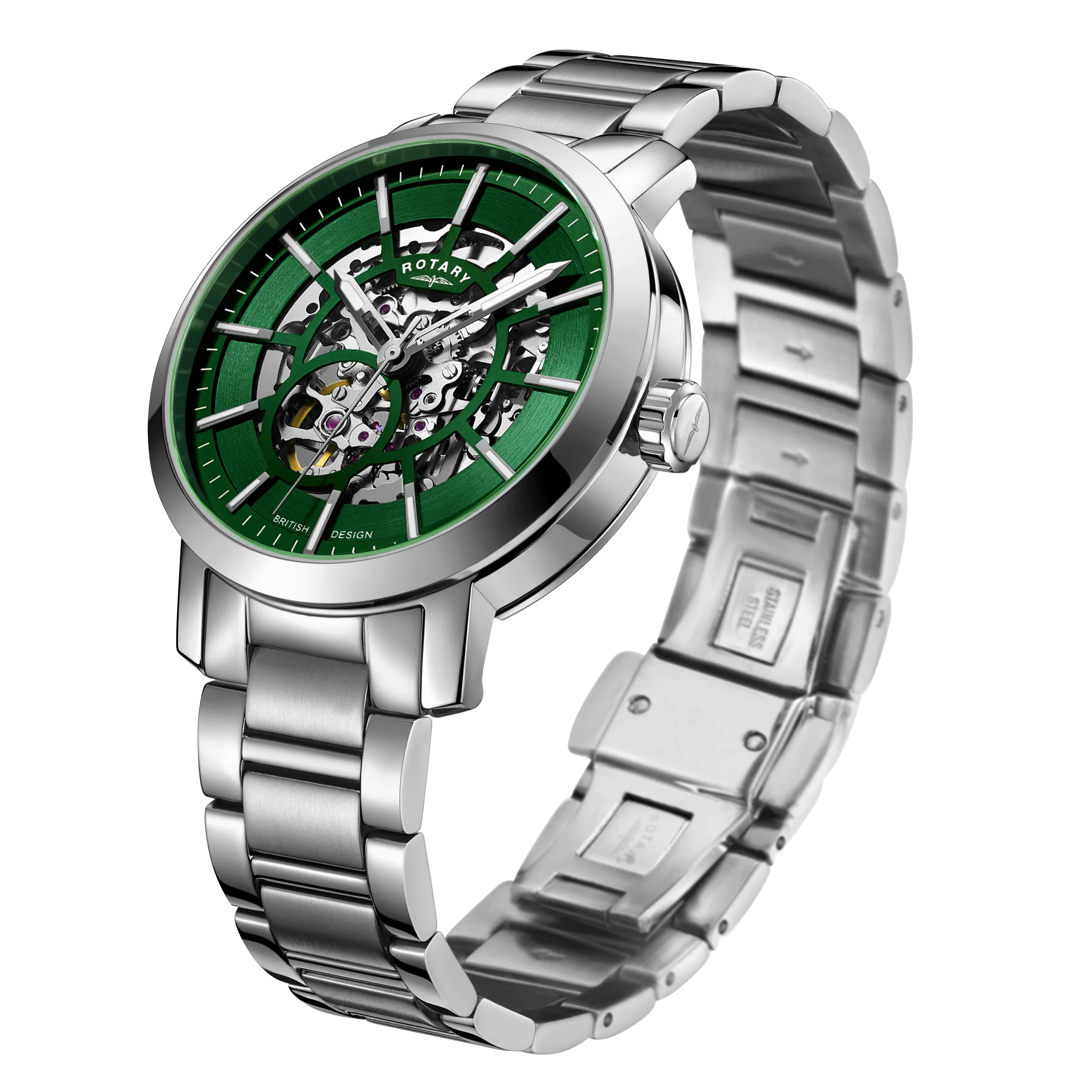 Rotary 42mm Greenwich Stainless Steel Green Skeleton Automatic Watch