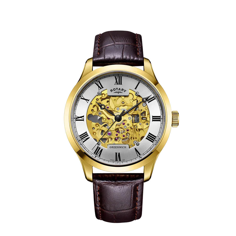 Rotary Gents Gold Skeleton Automatic 'Greenwich' & Brown Strap Watch