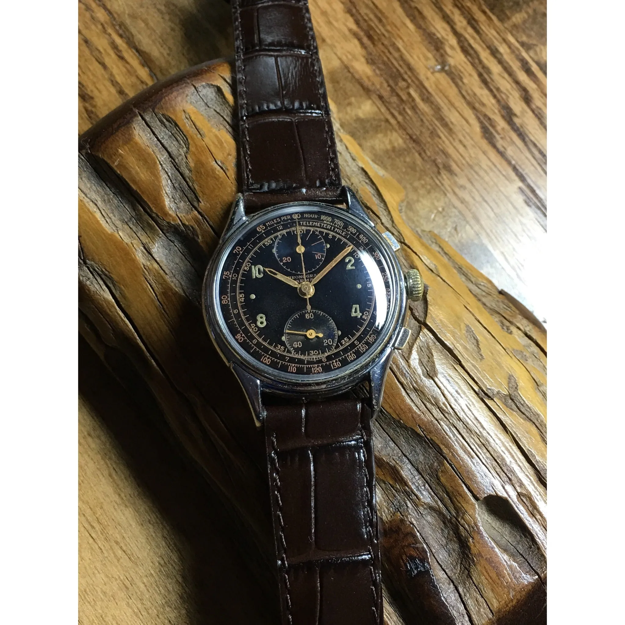 Sold - Harman Pilots Military 1940’s era Chronograph Valjoux 77 Black Dial - Fully Serviced by ClockSavant