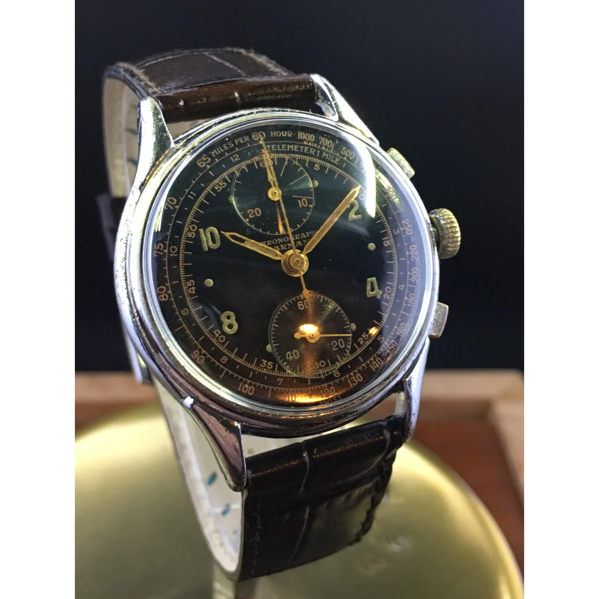 Sold - Harman Pilots Military 1940’s era Chronograph Valjoux 77 Black Dial - Fully Serviced by ClockSavant