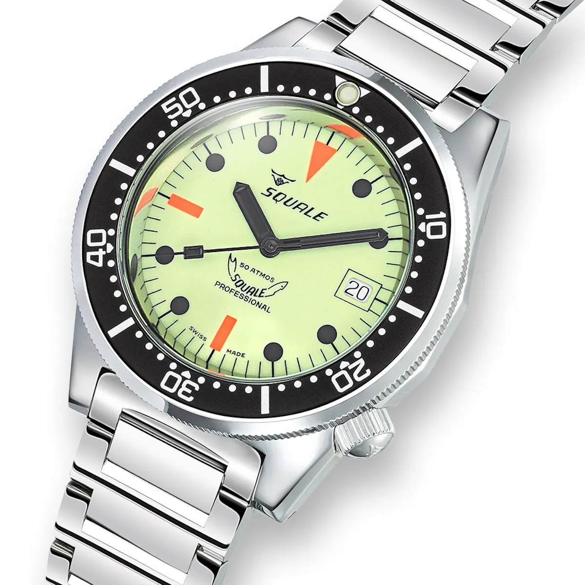 Squale 1521 Polished Steel Case - Full Lumed Dial on Bracelet