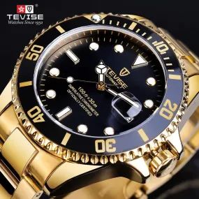 TEVISE Luxury Calendar Gold Waterproof Stainless Steel Men Automatic Mechanical Business Fashion Wrist Watch Luminous Date Clock