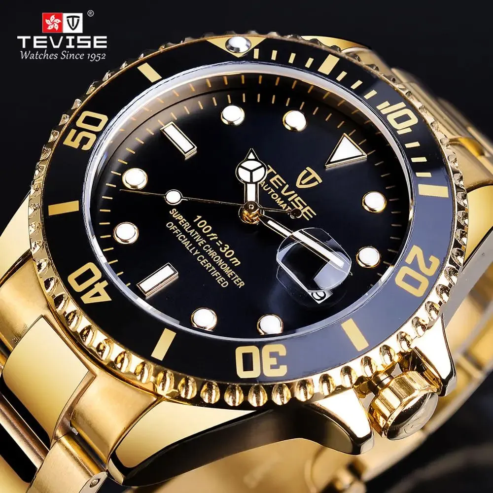 TEVISE Luxury Calendar Gold Waterproof Stainless Steel Men Automatic Mechanical Business Fashion Wrist Watch Luminous Date Clock