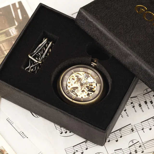 Unique Fashion Silver Steel Skeleton Transparent Mechanical Pocket Watches