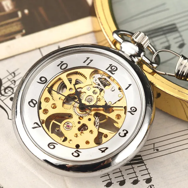 Unique Fashion Silver Steel Skeleton Transparent Mechanical Pocket Watches