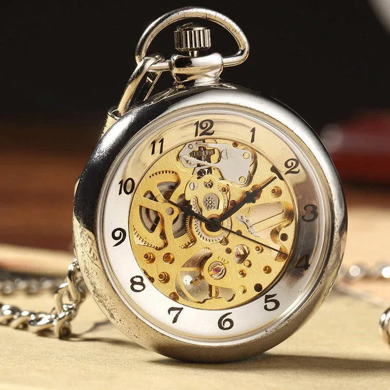 Unique Fashion Silver Steel Skeleton Transparent Mechanical Pocket Watches