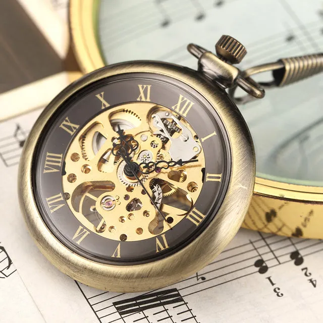 Unique Fashion Silver Steel Skeleton Transparent Mechanical Pocket Watches