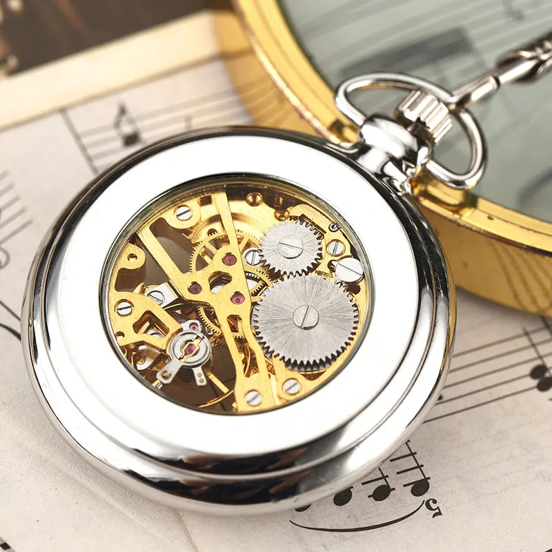 Unique Fashion Silver Steel Skeleton Transparent Mechanical Pocket Watches