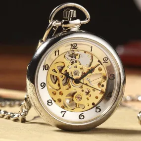Unique Fashion Silver Steel Skeleton Transparent Mechanical Pocket Watches