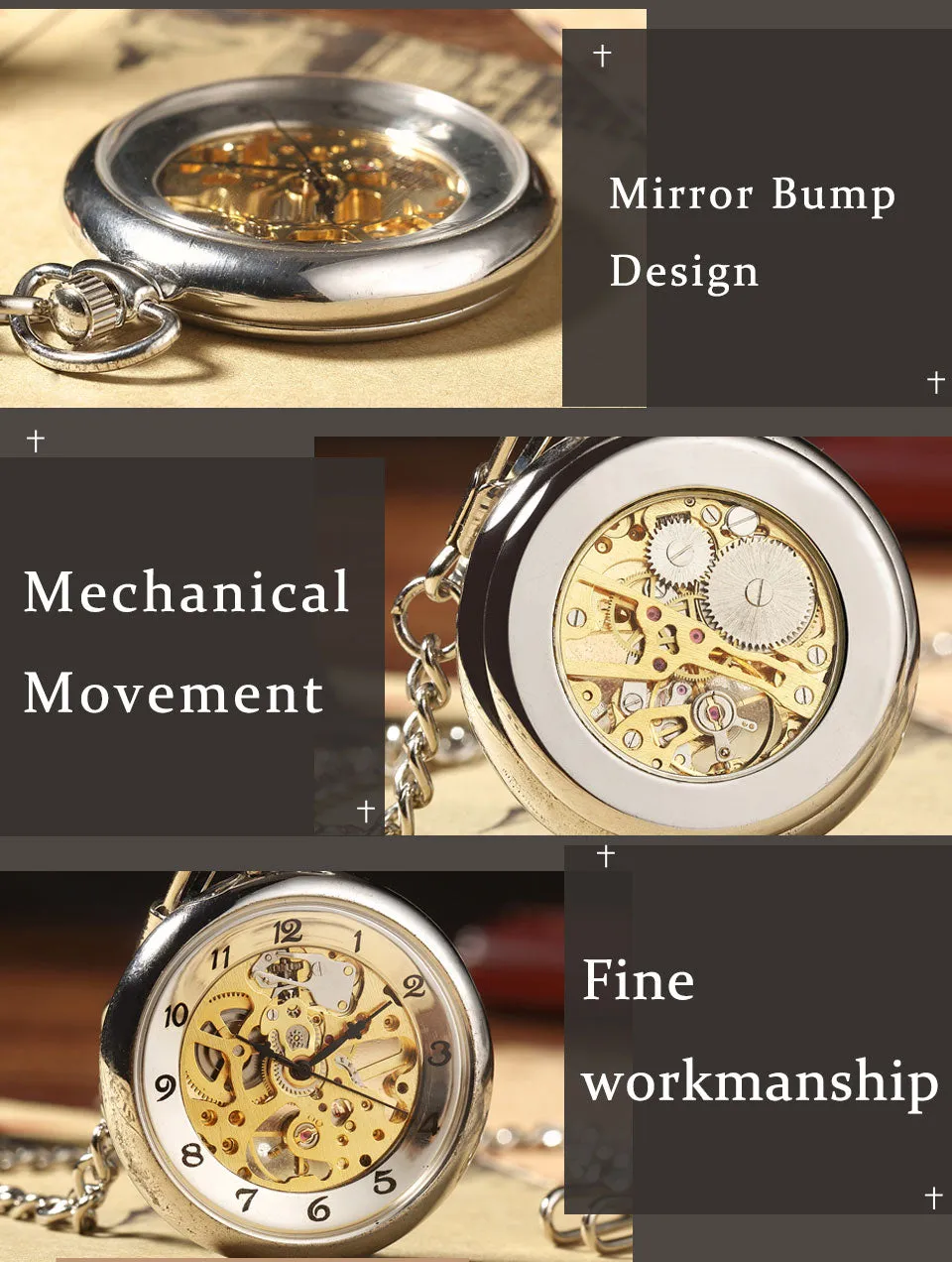 Unique Fashion Silver Steel Skeleton Transparent Mechanical Pocket Watches