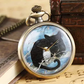 Unisex Vintage Design Cat Pattern Quartz Movement Pocket Watch