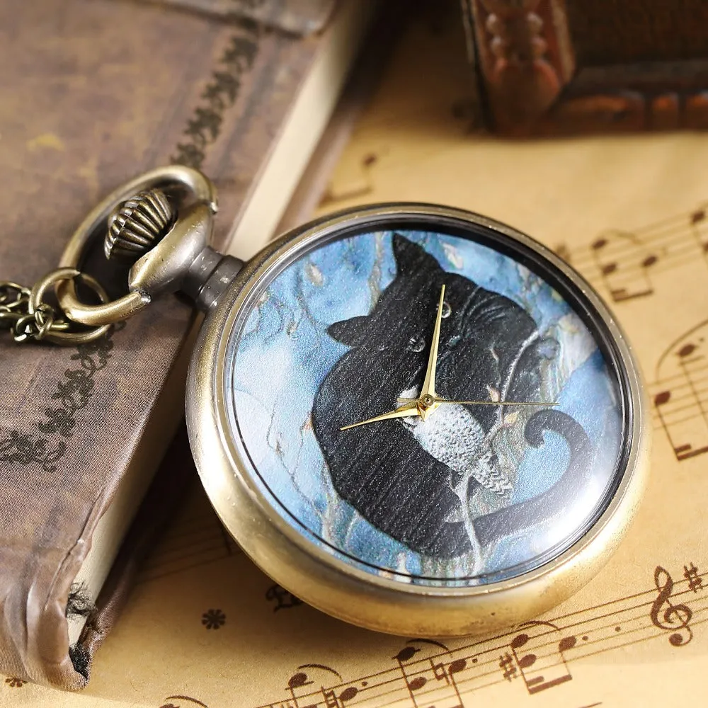 Unisex Vintage Design Cat Pattern Quartz Movement Pocket Watch